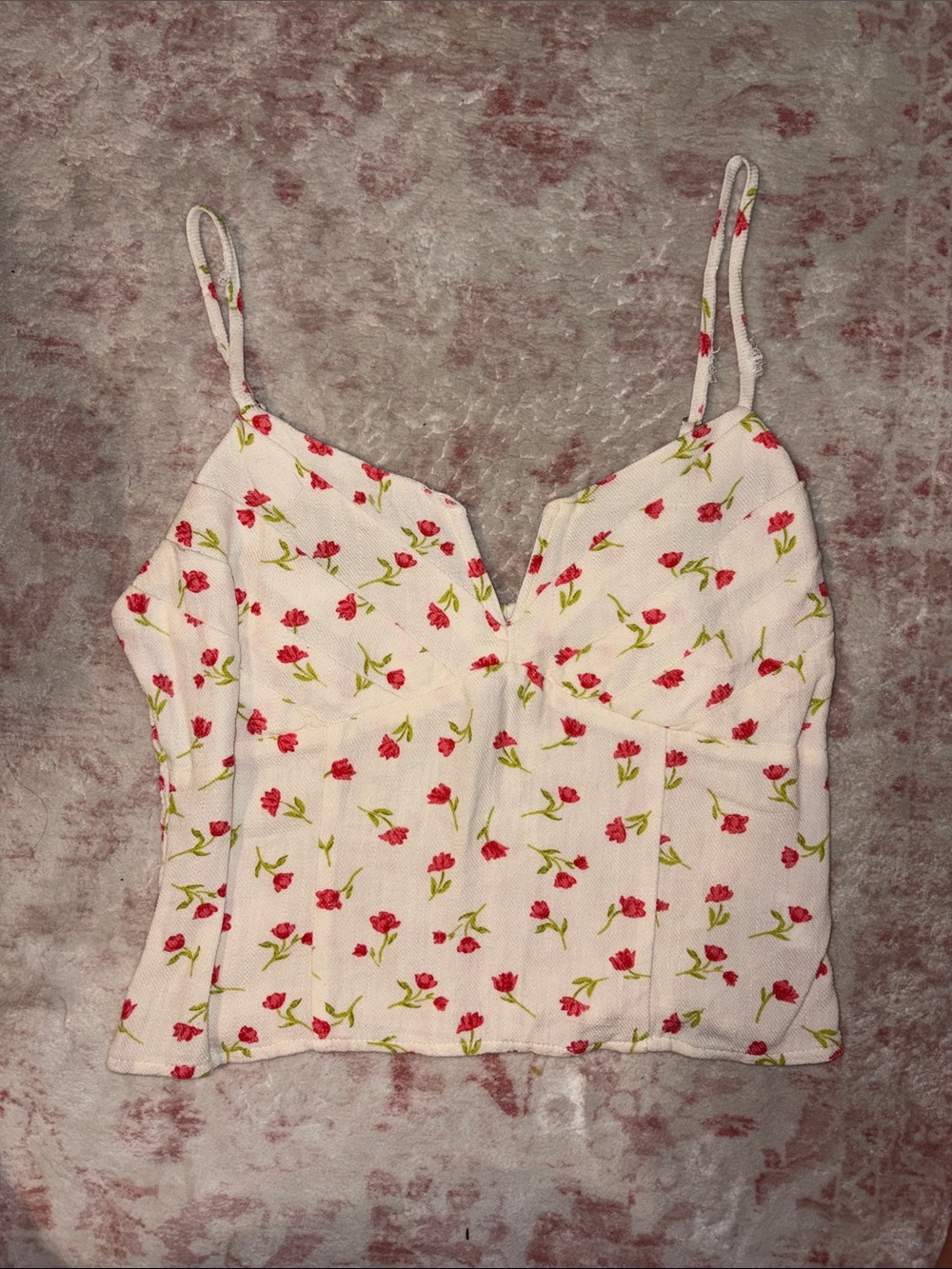Floral Spaghetti Strap Bustier Top - White with Red Floral